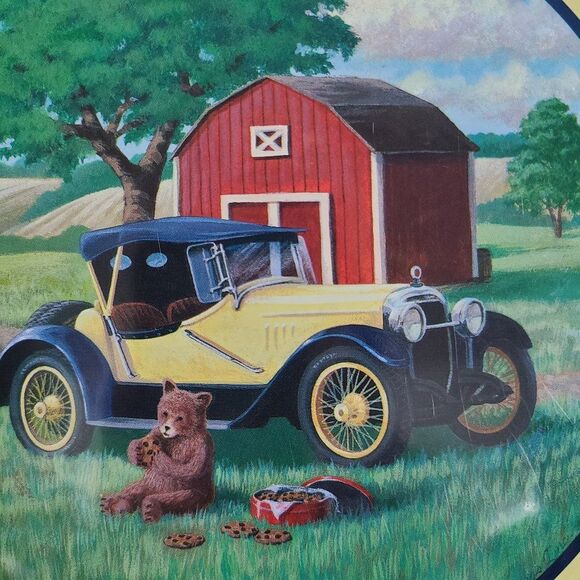 Vintage Cookie Tin Model T Ford Round Farm Red Barn Classic Antique Yellow Nice! - Picture 7 of 16